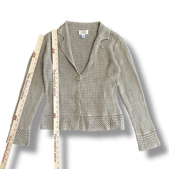 Talbots Petites Beige Silk Cotton Knit Cardigan Blazer Sweater Jacket L Classic - Picture 4 of 6
